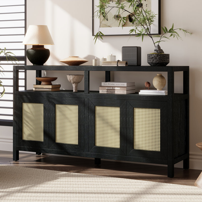 Bohemian Style Rattan Buffet Storage Cabinet with Solid Wood Frame, Push-to-Open Design, Black