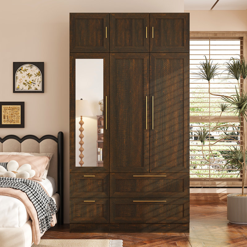 Garde-robe élégant avec armoire supérieure et un miroir, Brun