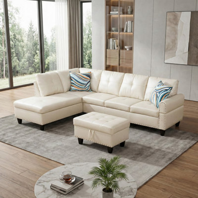 White Faux Leather Sectional With Storage Ottoman