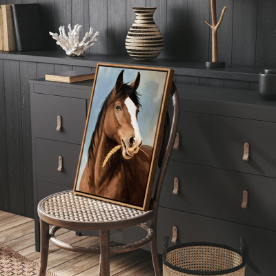 «Brown Horse Portrait with Wheat Rustic Farm Art», reproduction d'art encadrée