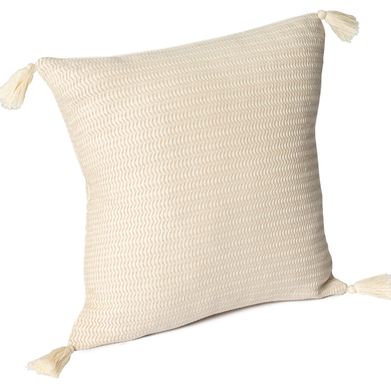 Beige Cotton Striped Square Throw Pillow with Tassels