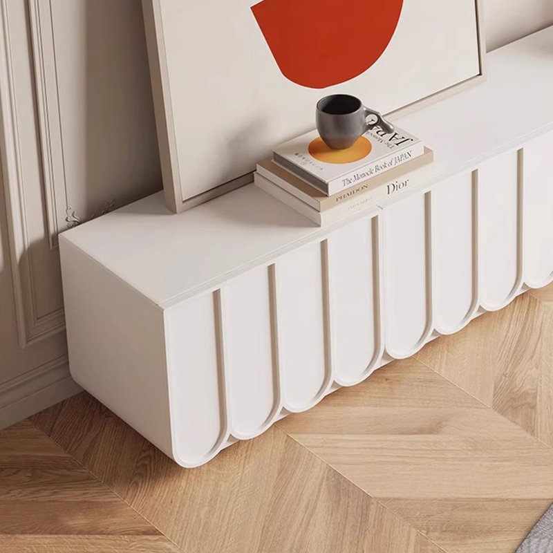 Meuble télé beige en bois manufacturé, H 16,54 po x l 70,87 po x P 13,78 po