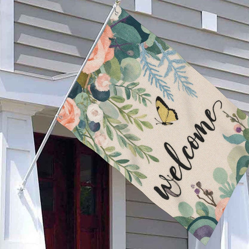 Drapeau de bienvenue papillon rose, 35 x 24 pouces, pour décoration saisonnière / décoration intérieure