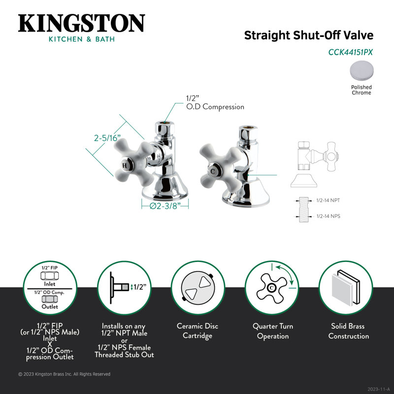 Kingston Brass Trimscape 1/2-Inch FIP x 1/2-Inch OD Comp Quarter-Turn Straight Stop Valve, Chrome