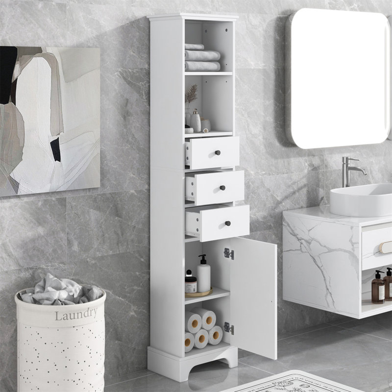 Tall Freestanding Bathroom Cabinet With 3 Drawers And Adjustable Shelf, MDF Board With Waterproof Painted Finish