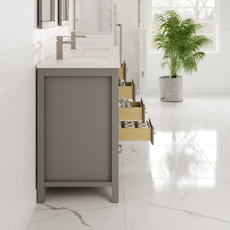 Gray Double Sink Bathroom Vanity with White Quartz Countertop