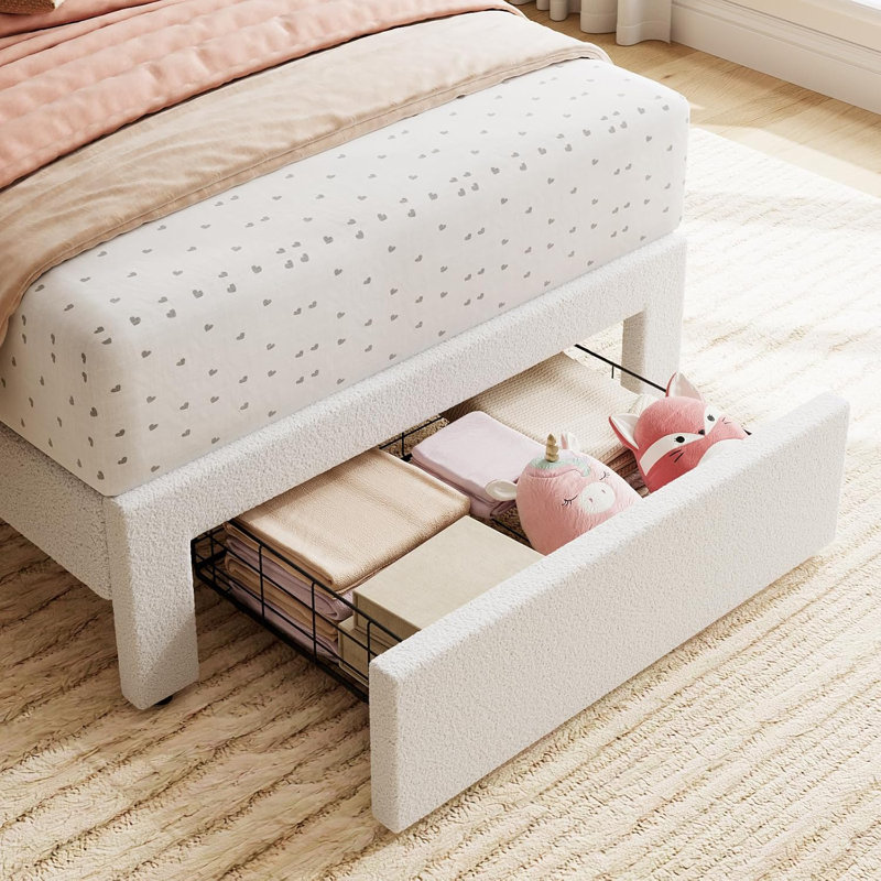 Twin Bed Frame with Storage Drawer and Headboard, Velvet Upholstered Twin Platform Bed Frame Strong Wooden Slats Support, Noise-Free, Easy Assembly