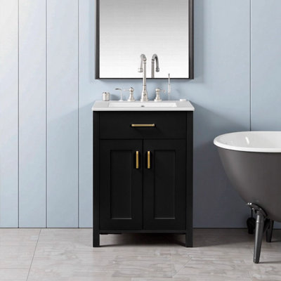 24 Inch Bathroom Vanity Combo with Ceramic Sink, Modern Space-Saving Cabinet with Soft Close Doors, Black Solid Wood & MDF Construction for Small Bathrooms
