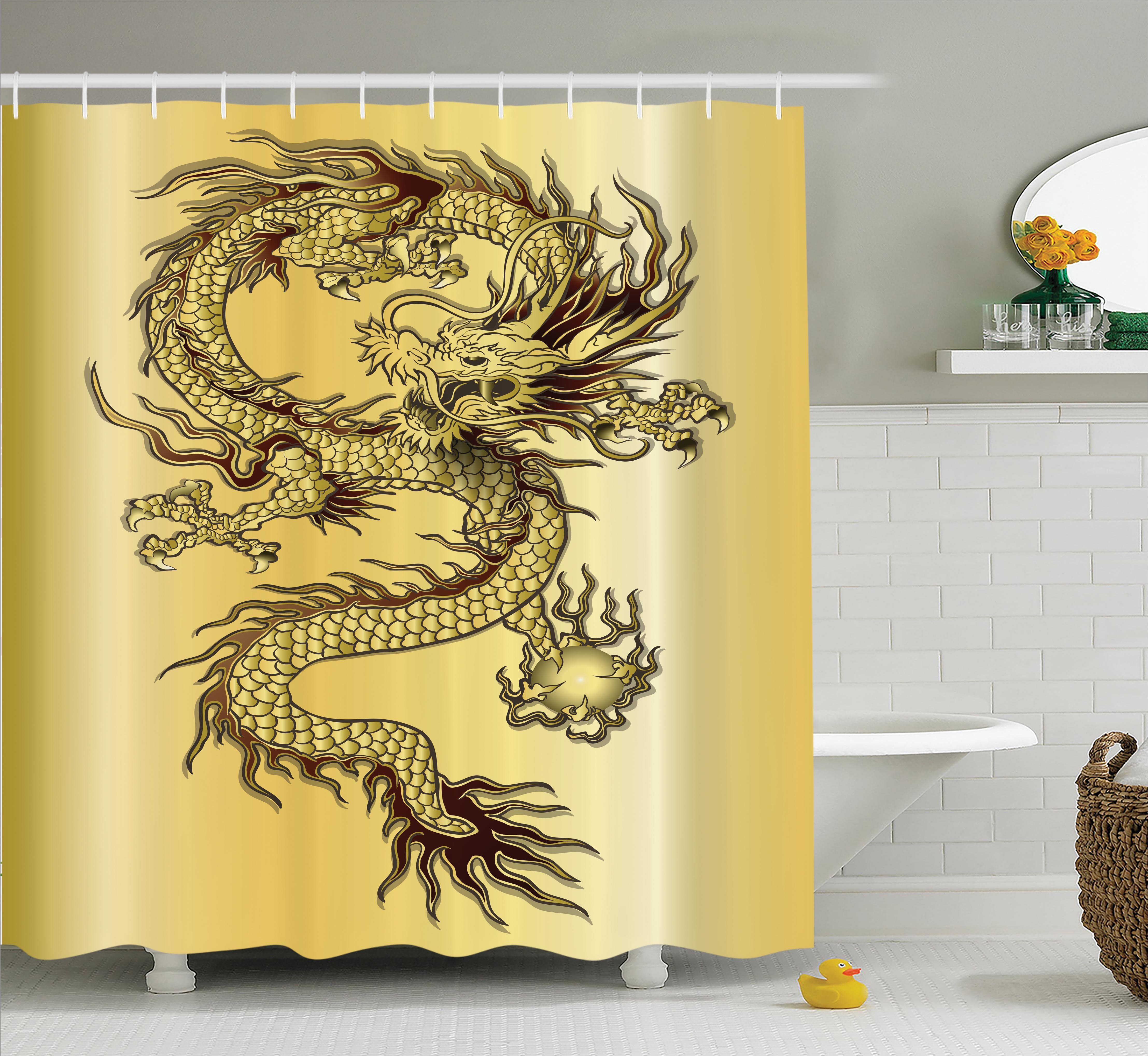 World Menagerie Ourir Dragon Chinese Snake Dragon Theme Print on Golden Eastern Mythology Oriental Abstract Art Shower Curtain