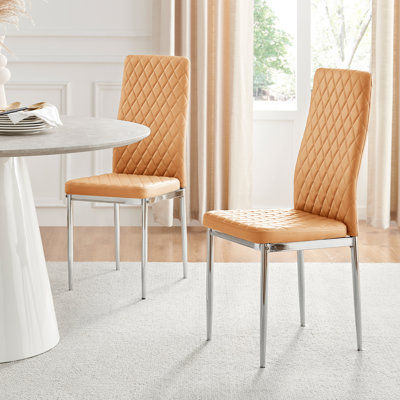 Morgan Hatched Faux Leather Sleek Metal Leg Luxury Dining Chairs