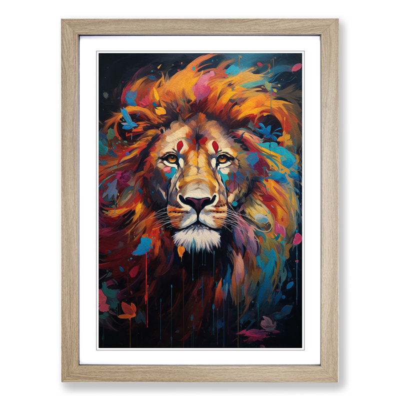 Lion Informel - Single Picture Frame Print on Wood, Oak Framed, 34cm H x 25cm W x 2cm D