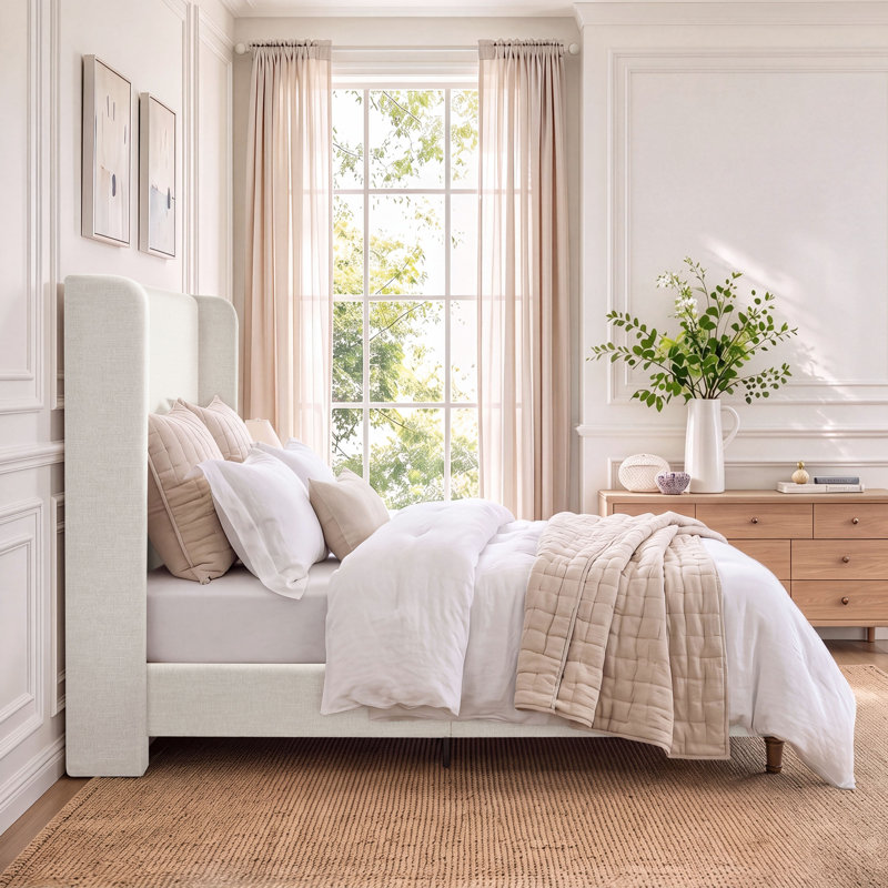 Mozter Upholstered Wingback Bed, Boxspring Required, King, Ivory Canvas