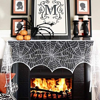 Halloween Fireplace Mantel Scarf, Halloween Decorations White Lace Spiderweb Fireplace Cover Festive Party Supplies,18 X 98 Inch