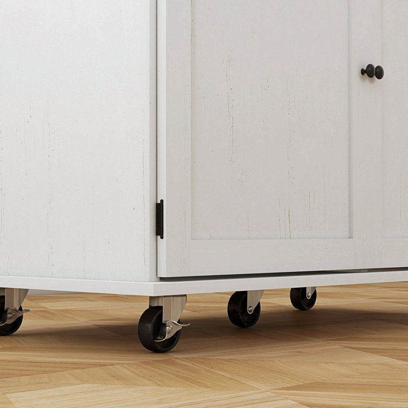 Îlot de cuisine avec rangement, chariot pour îlot de cuisine roulant sur roulettes avec tiroir, 2 armoires, plateau en bois d'hévéa, porte-épices, porte-serviettes et 2 crochets, blanc vieilli