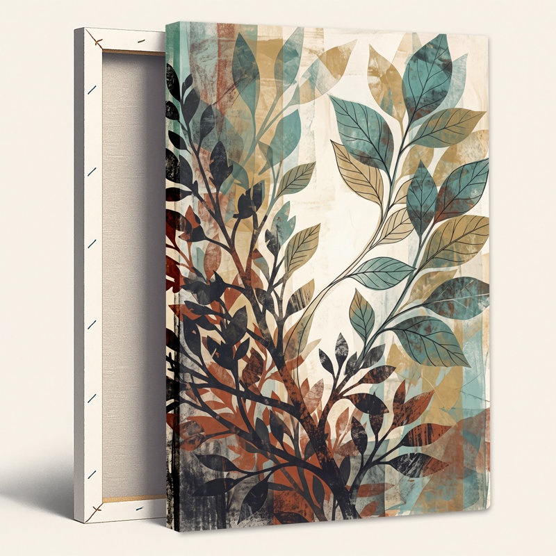 Tableau sur toile à motif abstrait de branches feuillues turquoise et rouille, H 30 po x l 20 po