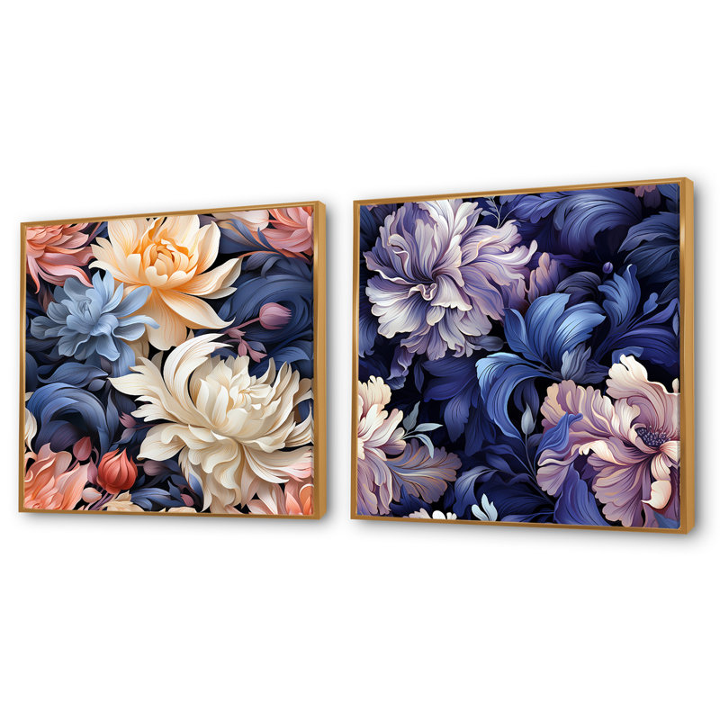Cutrer - Ensemble de 2 collages carrés floraux, Cadre flottant doré, H 30 po x l 61 po