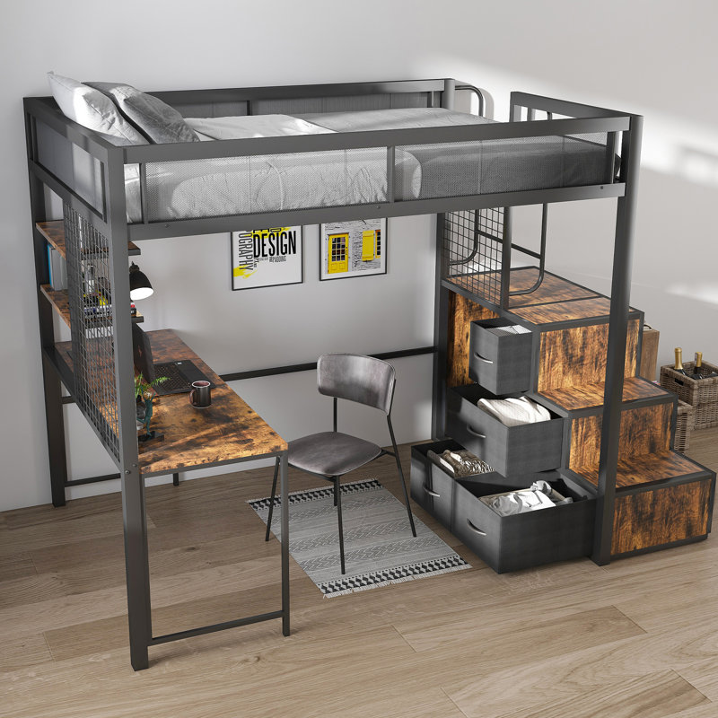 Lit mezzanine double avec bureau spacieux et station de charge, parfait pour les prises de courant à deux ports, pour les utilisateurs d'appareils électroniques