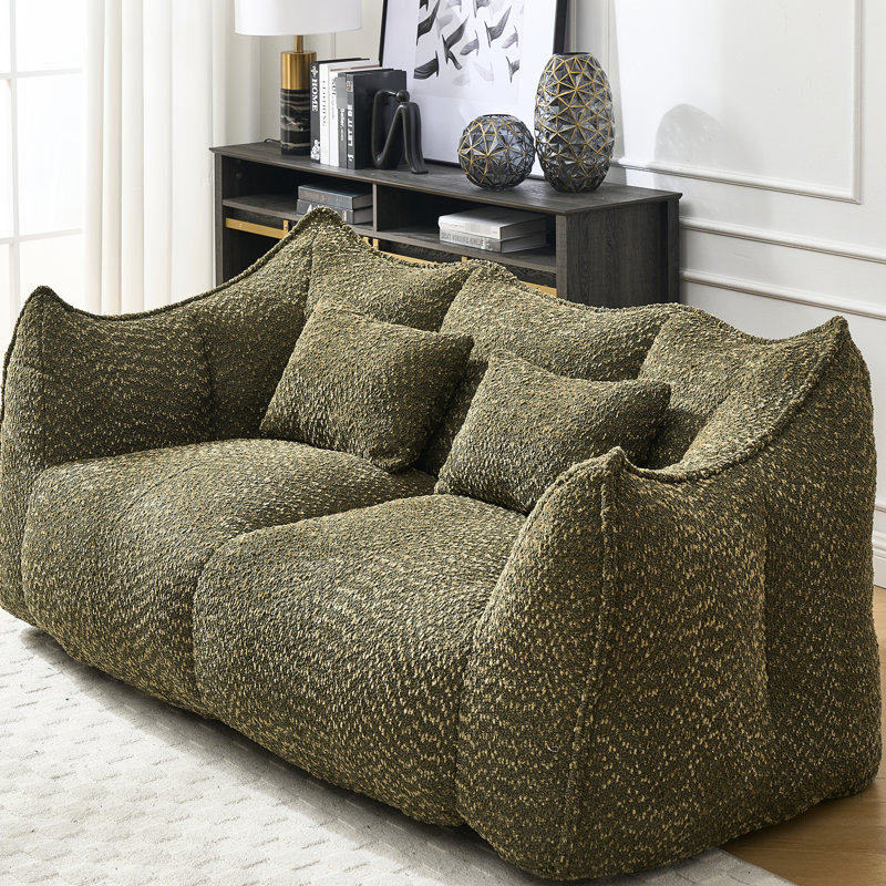Fauteuil à billes souple avec noyau en mousse haute résilience pour 2 personnes, Chenille vert olive