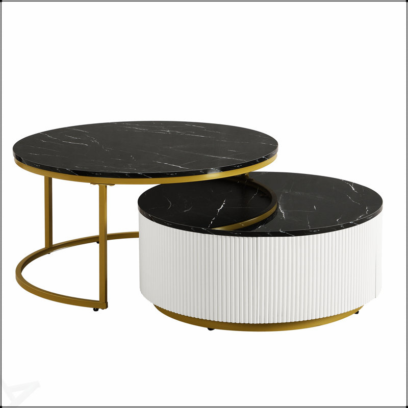 Table basse gigogne ronde moderne avec un design cannelé et un tiroir en noir et or, parfait pour les espaces de vie élégants et flexibles