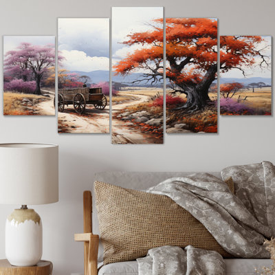 «Orange Old Cart Seasons II - Old American Cart», reproduction sur toile - 5 panneaux