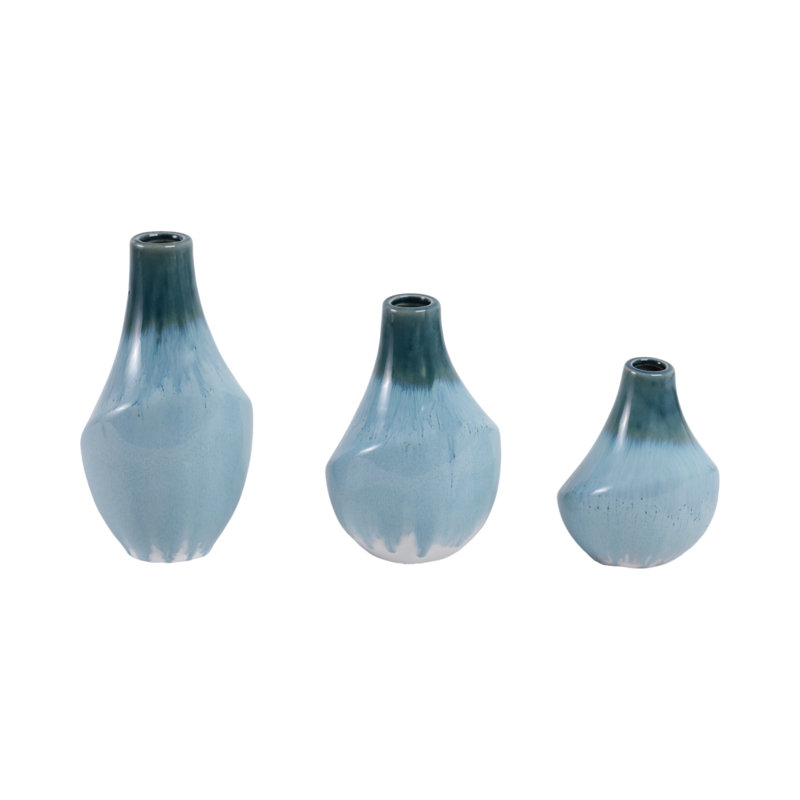 Set Of 3 5/7/9" Jolivue Ceramic Vases, Green/Light Blue