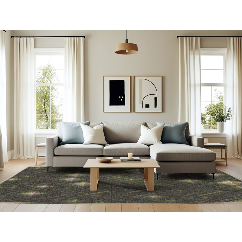 Tapis à motif géométrique vert, Rectangle 6 pi x 9 pi