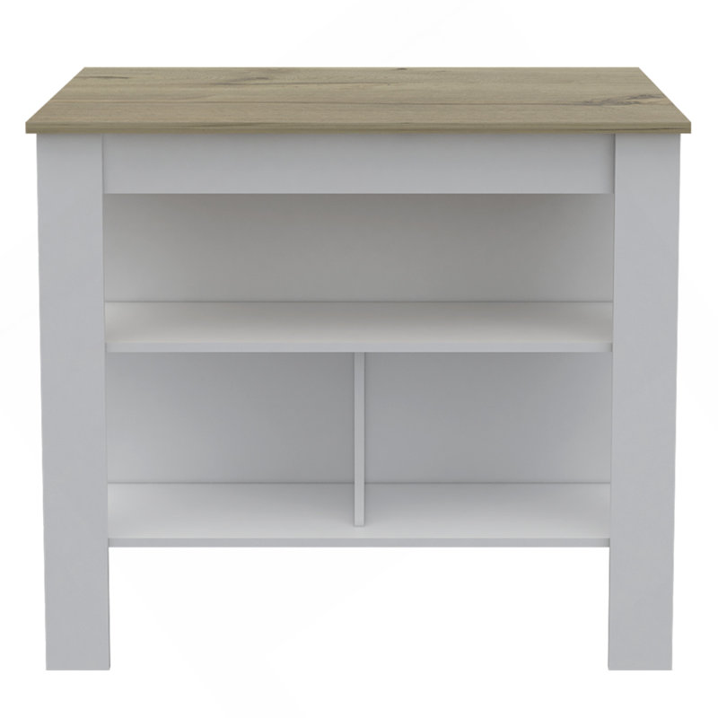 Îlot de cuisine, table de cuisine H 35 po, trois tablettes de rangement ouvertes, quatre pieds, chêne blanc / clair