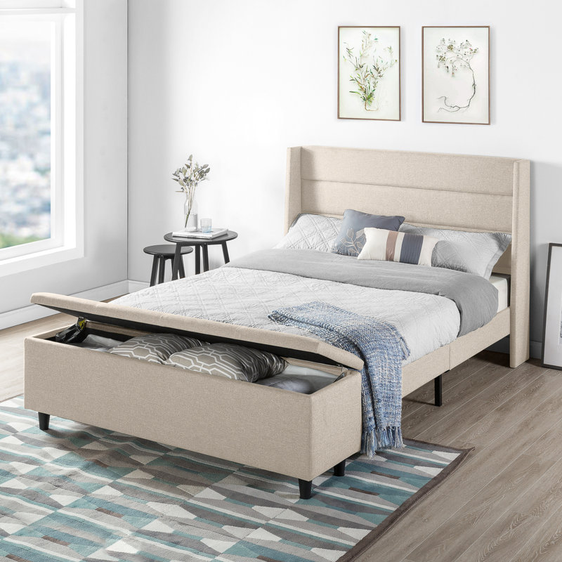 Lit plateforme à panneau de rangement tapissier capitonné à profil bas Minatare, Double, Beige