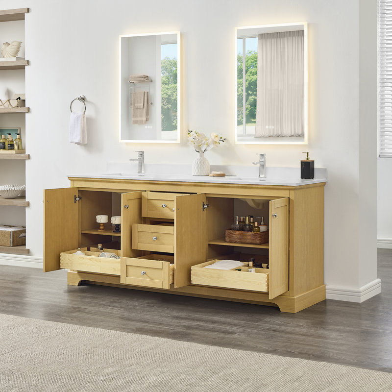 Ensemble de meuble-lavabo double 80 po Avery, Blanc, Marbre de culture blanc, Or brossé