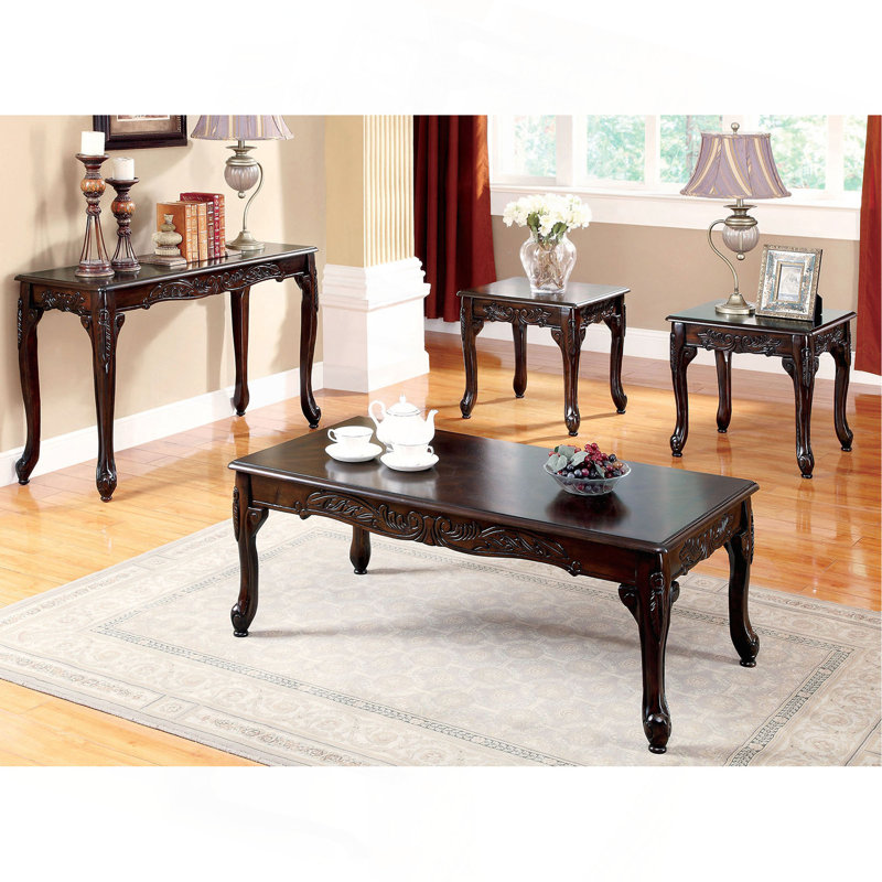 Table basse 3 pièces avec pieds en cabriole de style cerisier foncé de style traditionnel et table basse 1X