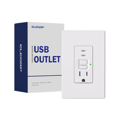 Prises de courant de 15 ampères résistantes à l'auto-test avec disjoncteur différentiel et prise USB encastrée 24 W, double type C, puissance de charge de 4,8 A, certification UL et CUL, plaque murale de taille moyenne incluse