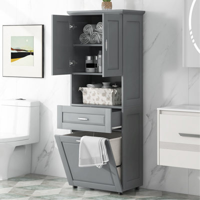 Grande armoire de salle de bain avec panier à linge, grand panier à linge inclinable et armoire de rangement supérieure, gris