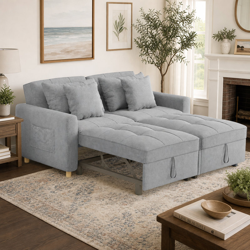 Borchert 2 Seater Fabric Sofa Bed, Grey Linen