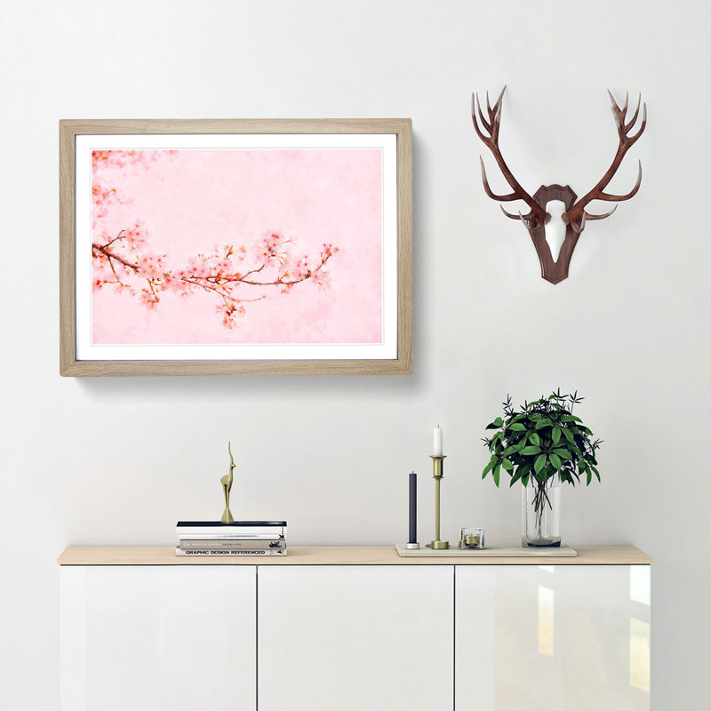 Pink Cherry Blossom - Picture Frame Graphic Art Print, 62cm H x 87cm W x 2cm D, Oak