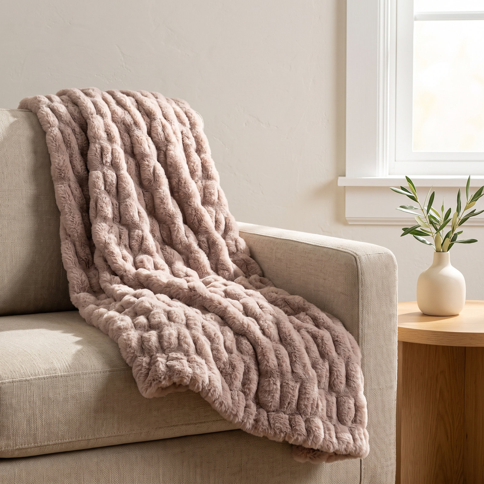 Ruched Rabbit Faux Fur Throw Blanket, Pink Blush, 50" x 80"