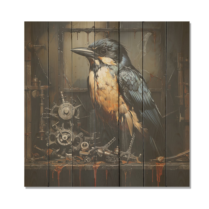 Brown Steampunk Bird II - oiseau sur bois, H 15 po x l 15 po