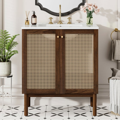 Meuble-lavabo de 30 po avec portes en bambou tissé à la main, armoire en MDF et conception à fermeture en douceur