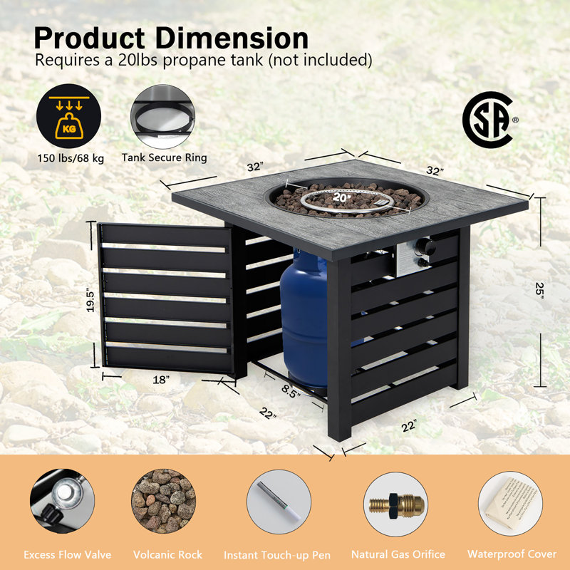 Square Steel Propane Smokeless Fire Pit Table with Hidden Fuel Tank