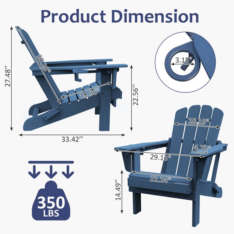 All-Weather HDPE Folding Adirondack Chair Outdoor Patio Fire Pit Chair with Cup Holder, Blue