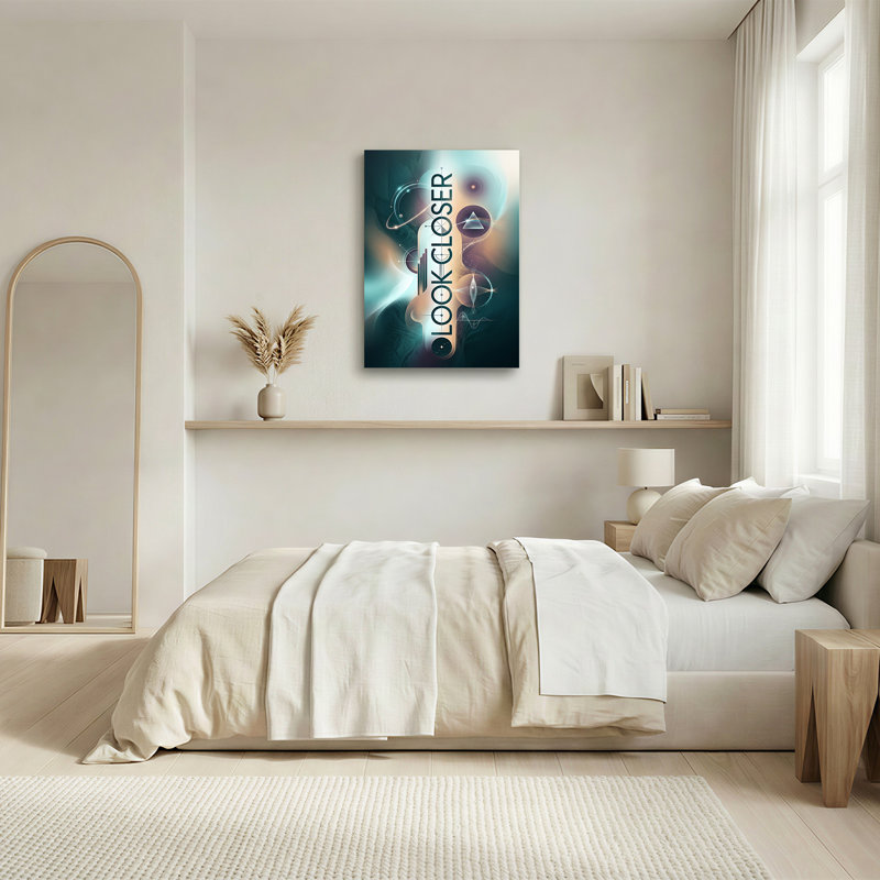 Art mural sur toile prisme lumineux et chemins orbitaux en bleu sarcelle et orange, 40"H x 28"W