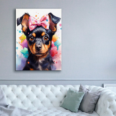 Toile épique Graffiti «Cute Dog With Pink Watercolor Bow» par Momart, 40 po x 54 po