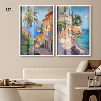 «Teal and Coral Coastal Escape Duo Shadowbox», art mural rétro par Art Remedy, cadre blond, 16 x 24