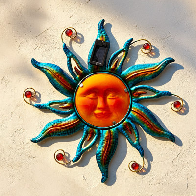Décoration murale 18,1 pouces face au soleil en métal: art mural solaire extérieur (bleu)