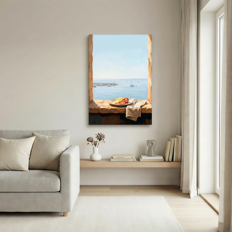 Art mural sur toile, tranche d'agrumes sur rebord de pierre surplombant le port, 18"H x 12"W