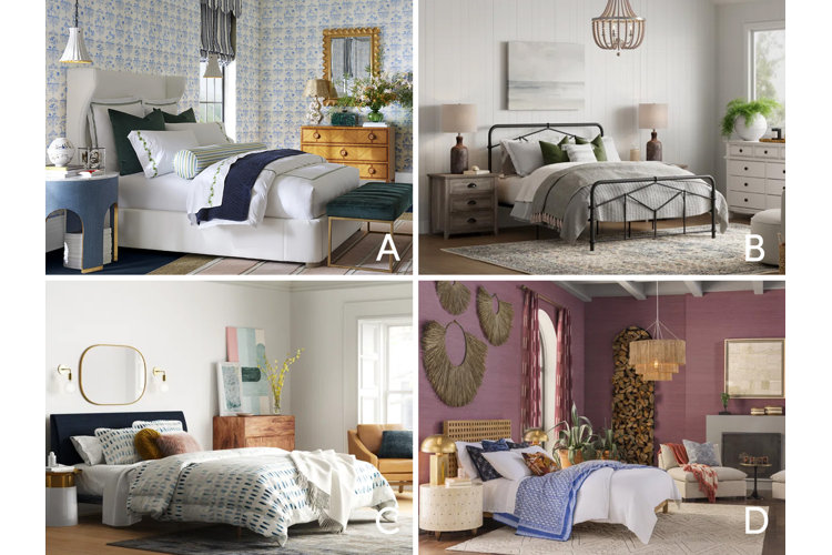 Image of four different bedrooms, one vintage, one rustic, one modern, and one boho, each labeled A, B, C, or D.