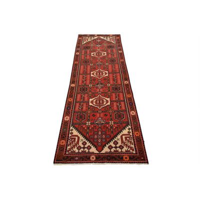Tapis rouge rétro en laine noué à la main 3 pi 8 po x 9 pi 7 po Tribal Vintage