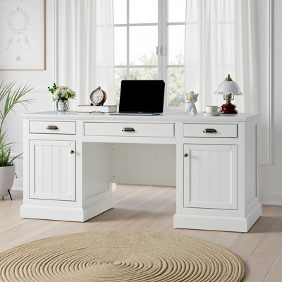 68" Farmhouse Executive Desk With 3 Drawers And 2 Cabinets