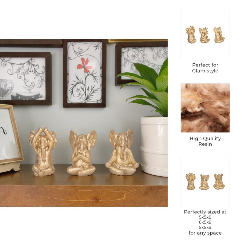 Decorative Resin Elephant Figurines with Yoga Poses, Set of 3, Gold
