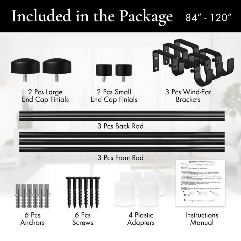 Gwinnett Adjustable Double Curtain Rod, 84" - 120", Black