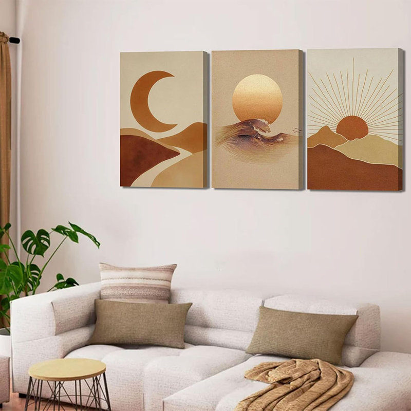 3Pcs Boho Sun And Moon Canvas Wall Art Abstract Poster Print Mid Century Modern Picture Earth Tone Minimalist Celestial Painting Wall Decor For Bedroom Living Room Framed